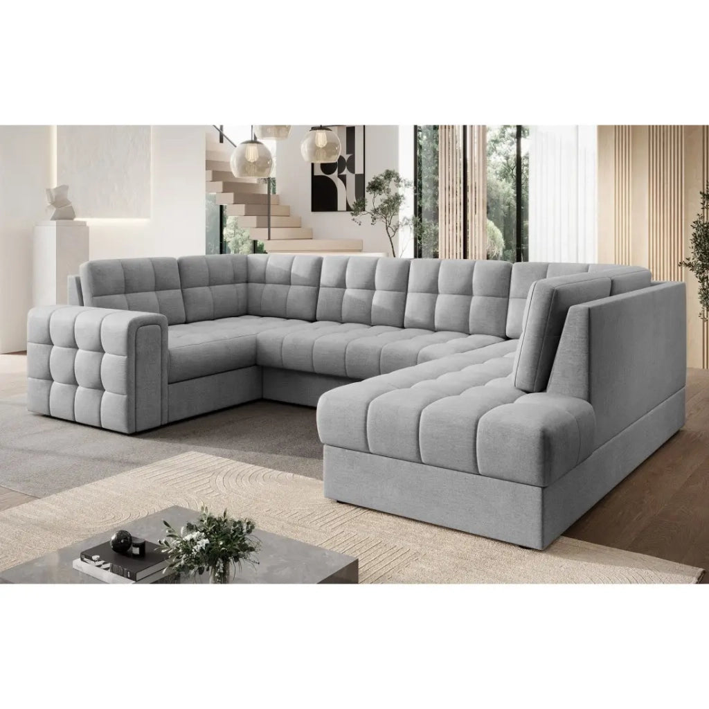 Divano angolare convertibile MONTEZA grigio 299 cm con contenitore e letto
