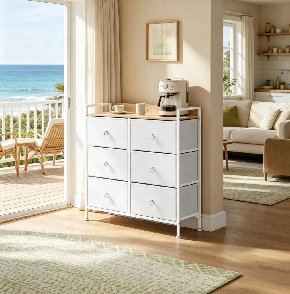Mobiletto con 6 Cassetti in Legno E1 e Metallo, Bianco, 80x29x78 cm