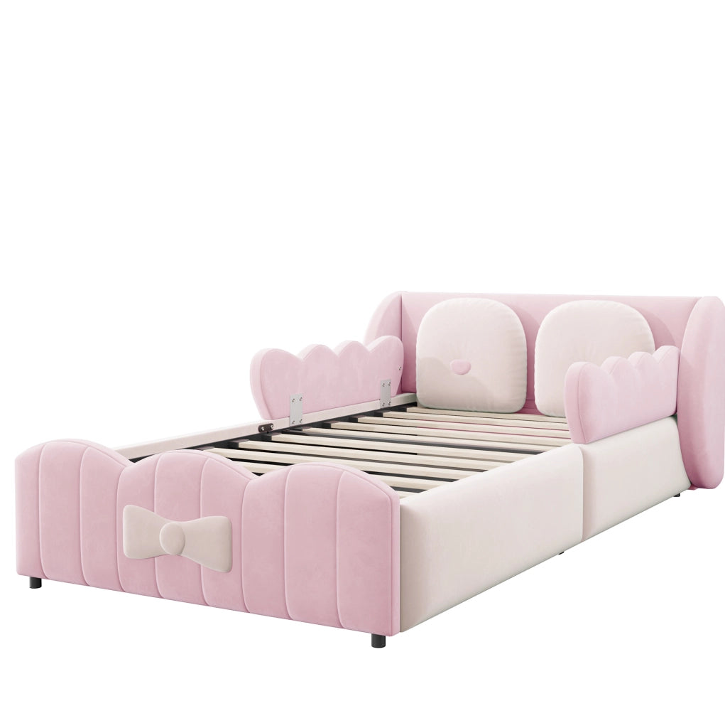 Letto singolo imbottito per bambini 90x200 cm in velluto rosa con contenitore idraulico