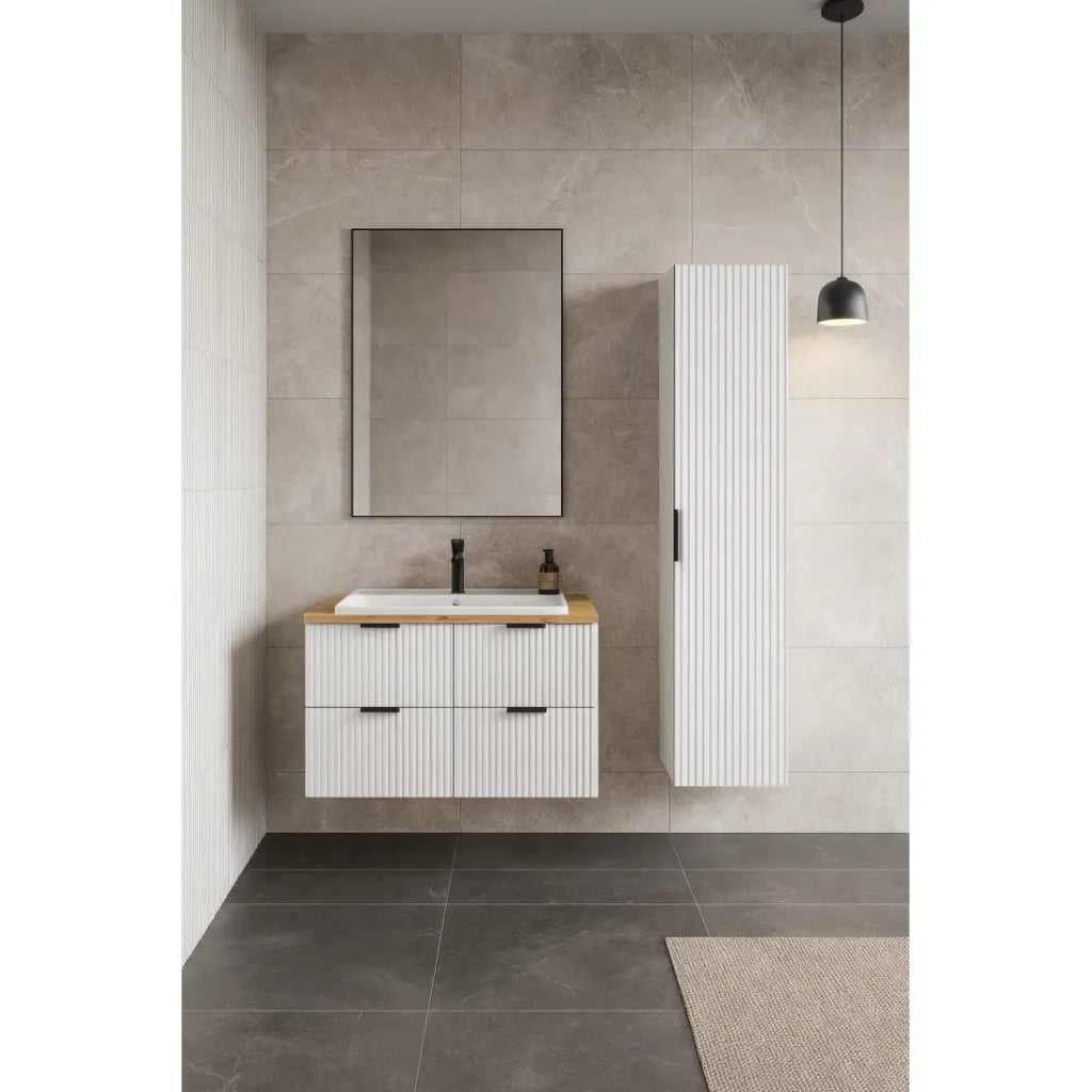 Set bagno NOXERA 120 cm – Mobili sottolavabo sospesi bianco alpino con piano per lavabo in rovere e colonna murale
