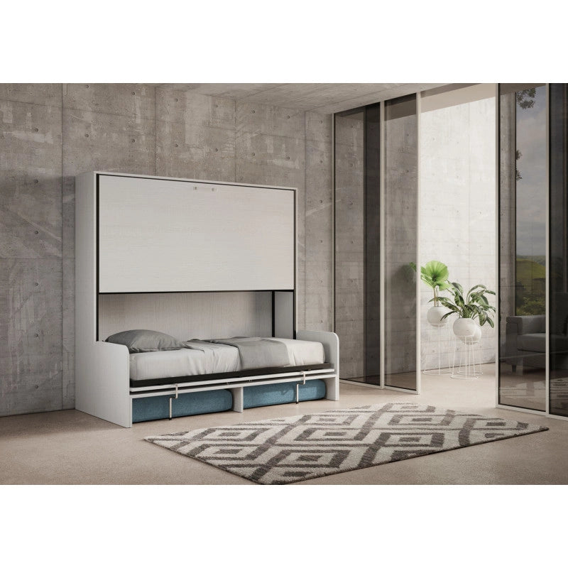 Letto doppio a scomparsa Kando con divano , azzurro - Bianco Frassino