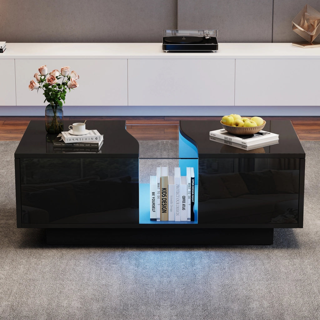 Tavolino da salotto moderno con LED; 2 cassetti; 100 x 50 x 35 cm; nero lucido in MDF e acrilico