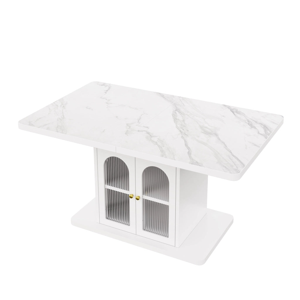 Tavolo da pranzo allungabile, 150/200 x 80 cm, effetto marmo, per 6-8 persone, con vano portaoggetti, illuminazione a LED, bianco
