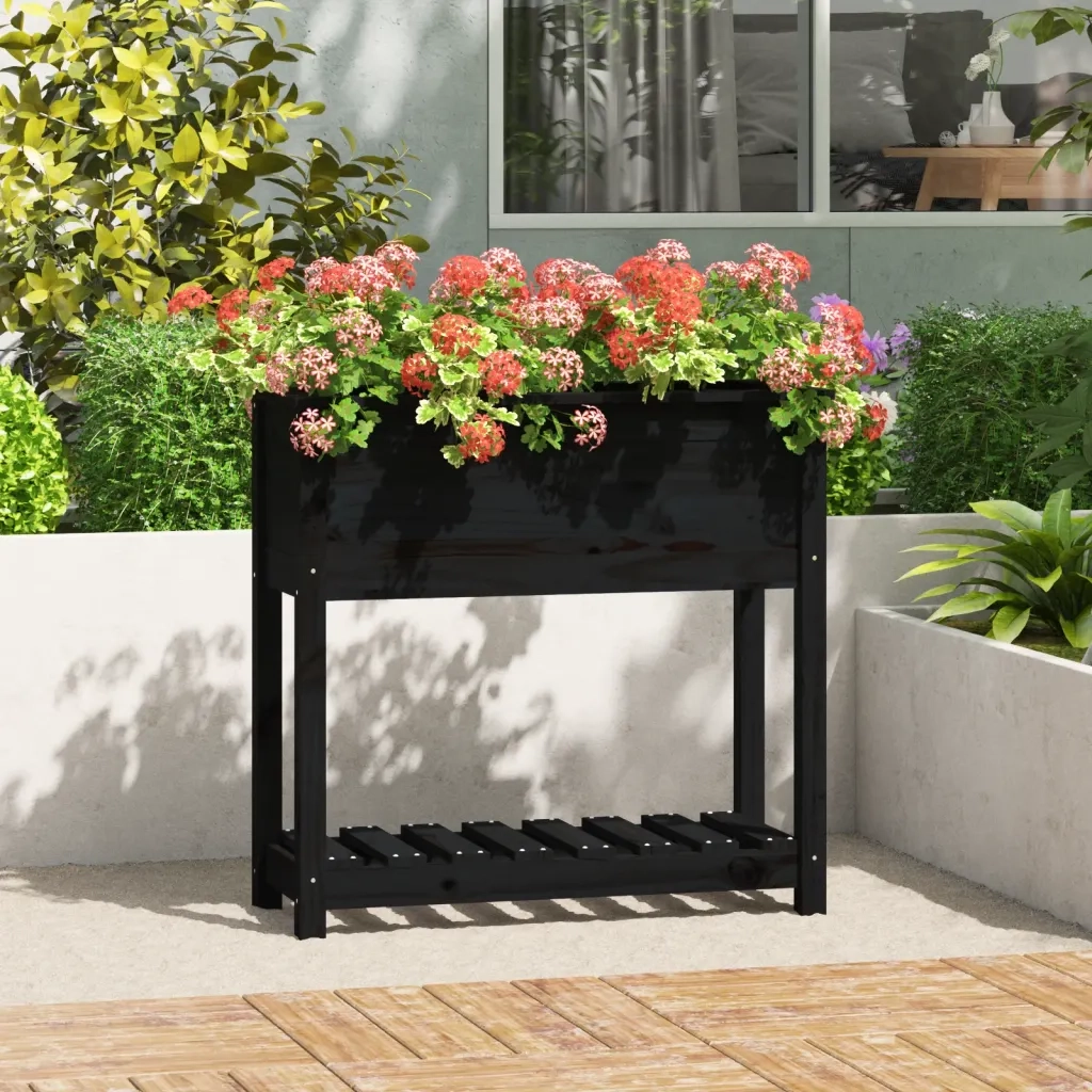 Fioriera con Mensola Nera 82,5x34,5x81cm Legno Massello di Pino 823763