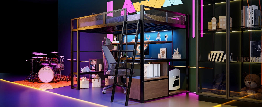 Letto a soppalco 140 × 200 cm con scrivania integrata, LED, ripiani e stazione di ricarica, senza materasso