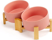 Kom da 15° per cani e gatti con standard in legno, ciotola da mangiare e acqua antiscivolo per cani e gatti con facce piatte, capacità 850 ml, colore rosa, con 2 pezzi