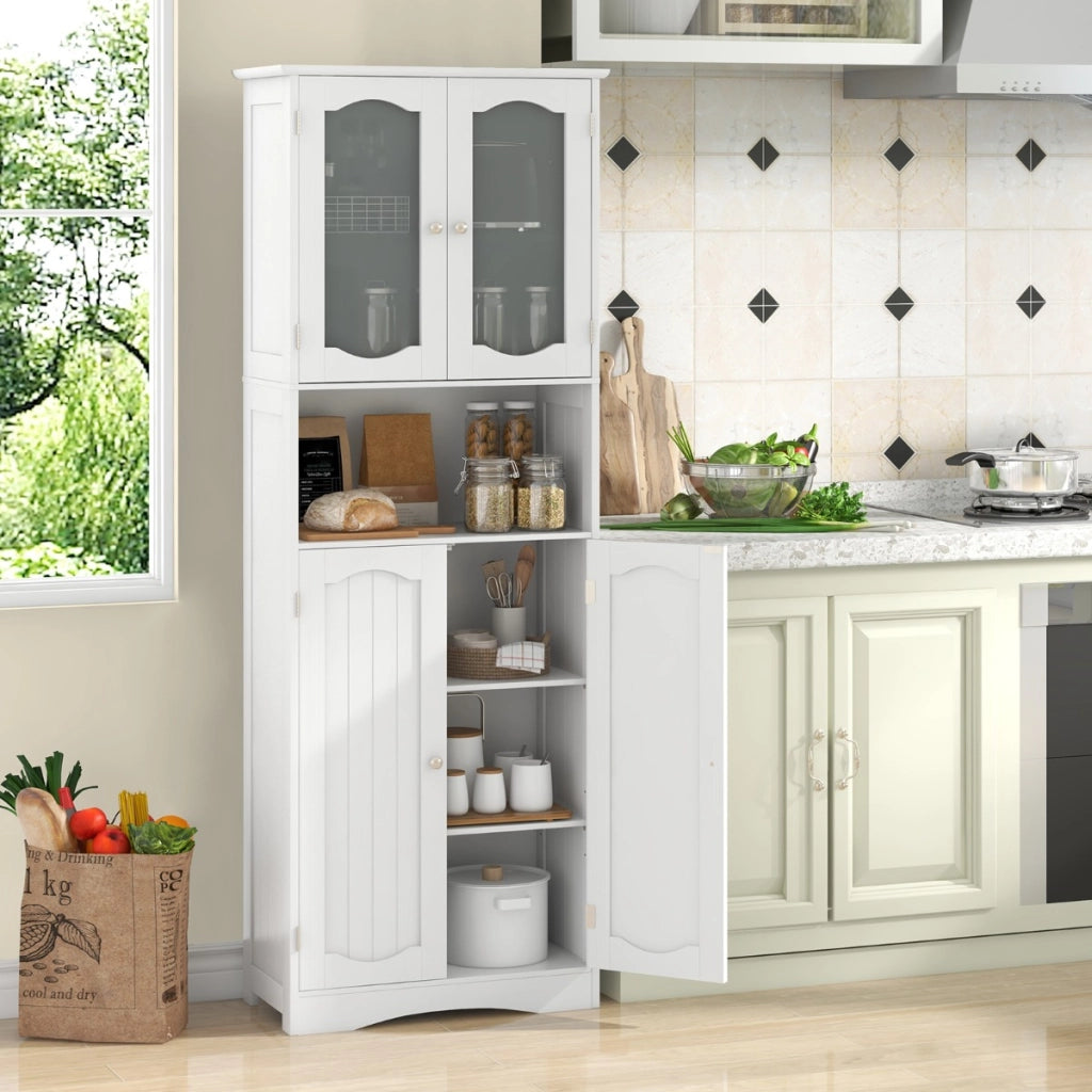 Armadio da bagno alto-Mobiletto da bagno 164cm con porte in vetro satinato e ripiani, Mobile autonomo per cucina soggiorno ufficio Bianco