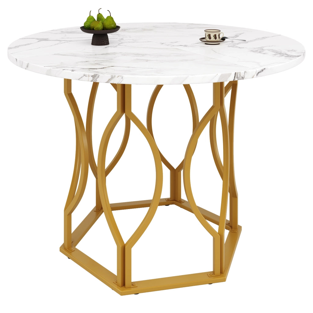 Tavolo da pranzo rotondo con piano in MDF e gambe in ferro, per cucina e soggiorno, bianco e oro, 100 × 100 × 76 cm