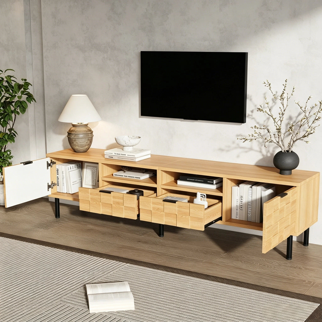 Mobile TV basso 200 cm in naturale, con 2 ante, 2 cassetti e 2 vani aperti, per TV fino a 80"