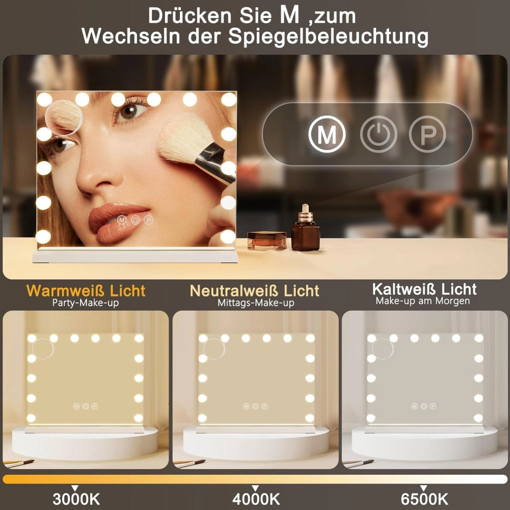 ZMH Specchio da trucco illuminato 50x40cm regolabile con 3 modalità luce colore per tavolo da trucco