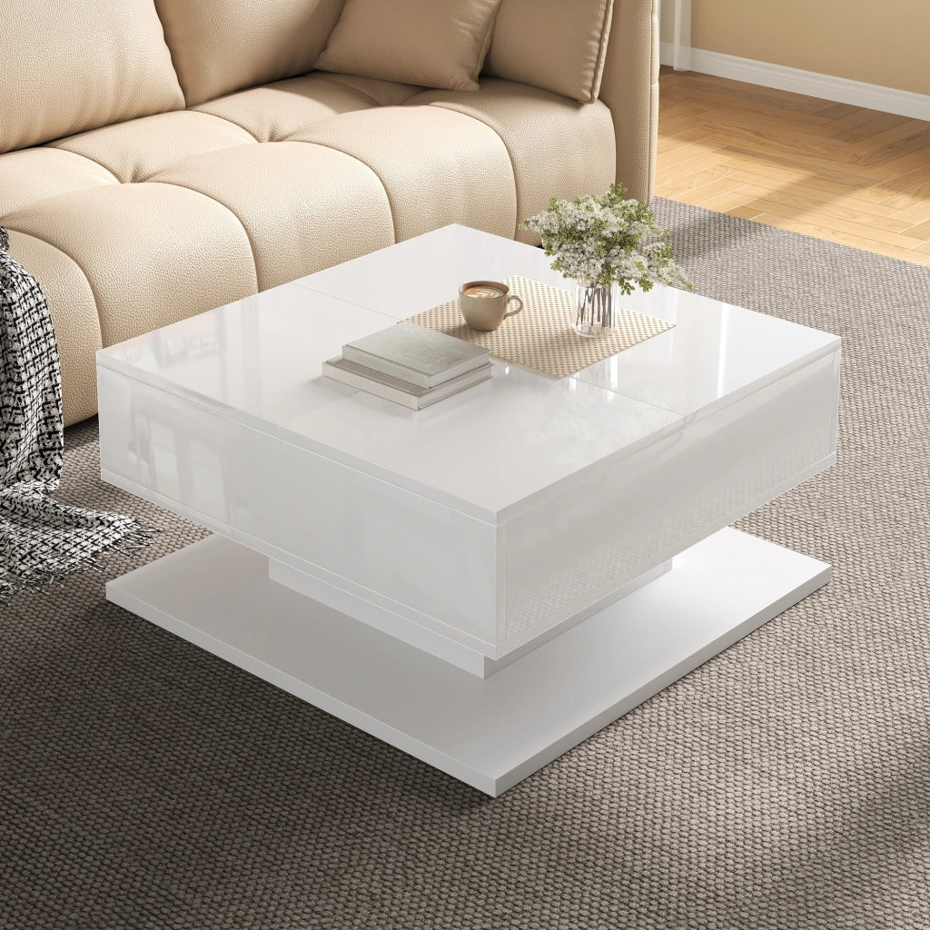 Tavolino da caffè multifunzione 72x72 cm con piano elevabile; LED e cassetti bianco