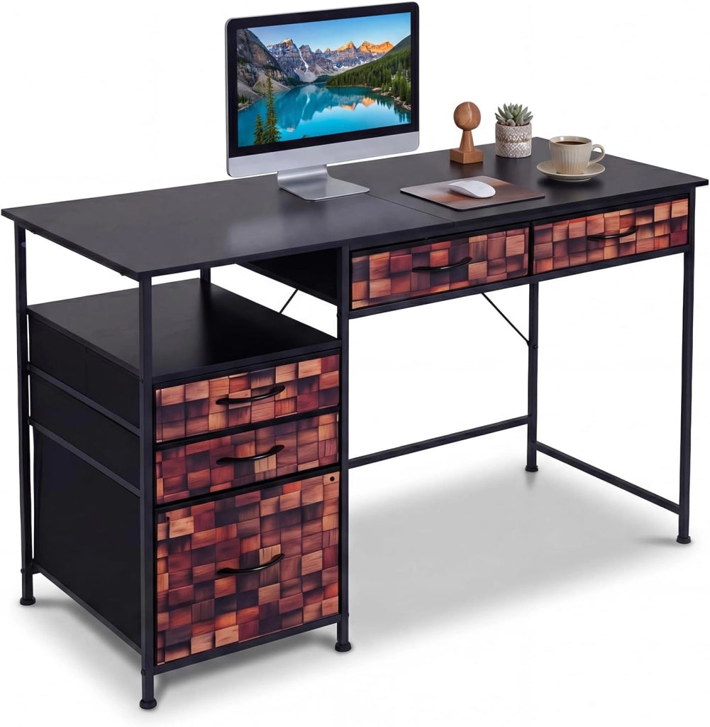 Scrivania per Computer 120 x 50 cm, Scrivania con Mensola, Cassetti in Tessuto e Struttura in Metallo, Scrittoio per PC per Ufficio, Camera da Letto e Studio (Bianco)