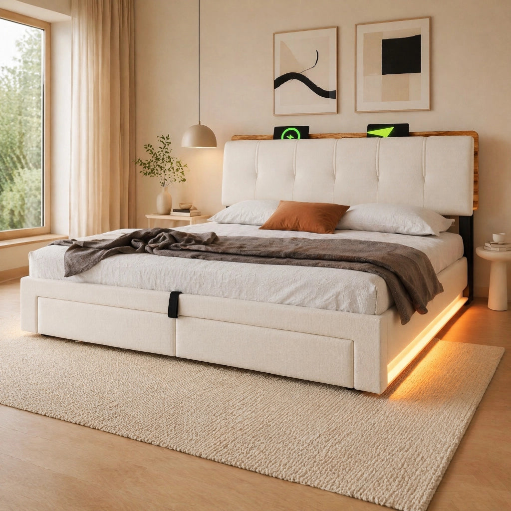 Letto imbottito 180x200 cm con vano contenitore, LED e USB-C
