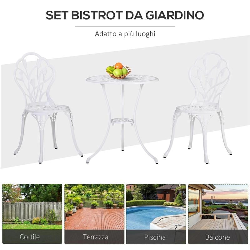 SET DA GIARDINO 3 PEZZI IN ALLUMINIO CON 2 SEDIE 42.5X47.5X89 CM E TAVOLINO ROTONDO Ø60X67 CM, BIANCO