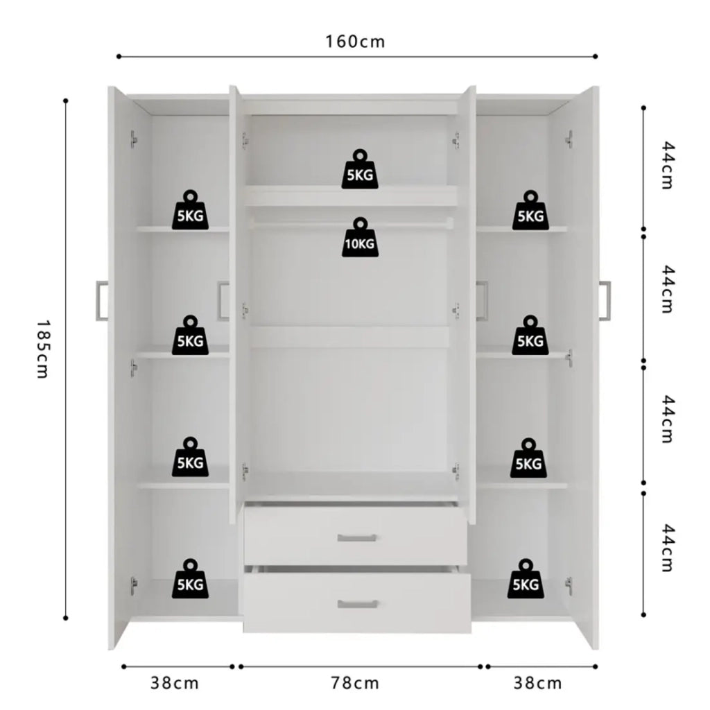 Armadio a 4 ante con 2 specchi TOM - Dimensioni H185 x L160 x P52 cm - Colore bianco - Stile design
