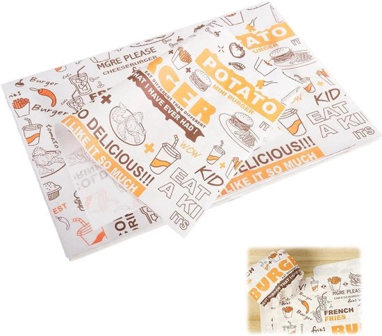 Papier per Hamburger, 100 fogli, 36 x 26 cm, impermeabile all'acqua e all'olio, per sandwich, hamburger, fette di burro, formaggi e patatine.