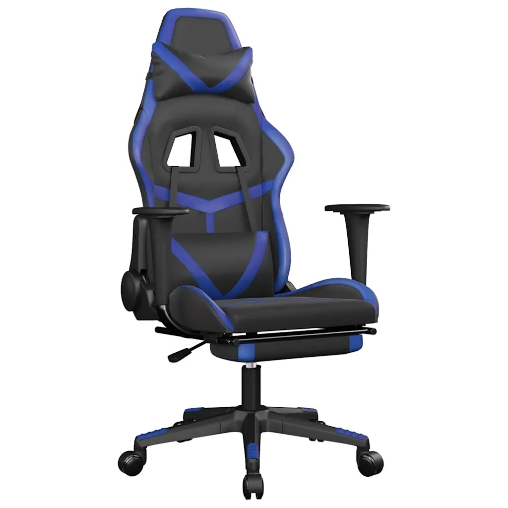 Sedia da Gaming | Sedia da e-sports Massaggiante Poggiapiedi Nero e Blu Similpelle