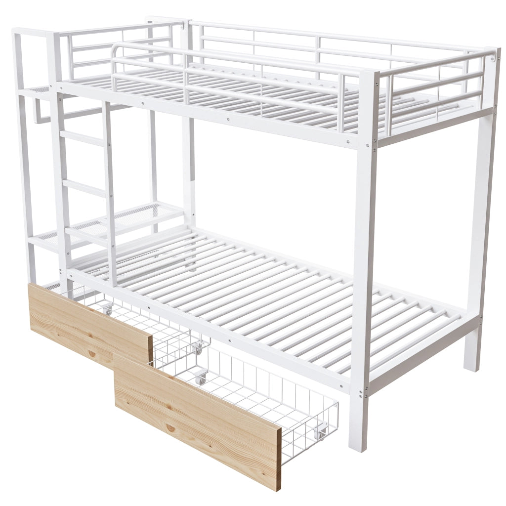 OKWISH Letto a Castello 90×200 cm, Letto Singolo con 2 Cassetti, Mensole e LED Regolabile, senza Materasso, in Metallo, Bianco