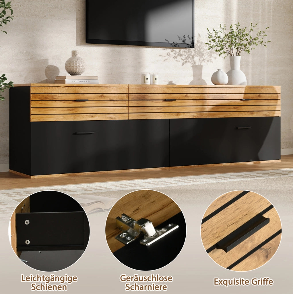 Mobile TV 168 cm con 3 cassetti e 2 ante, naturale e nero