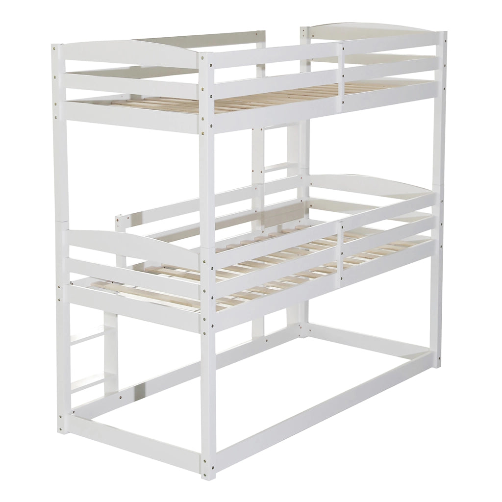 Letto a Castello 90x200 cm; 3 Posti; con Due Scale e Parapetti Alti; in Legno; Bianco