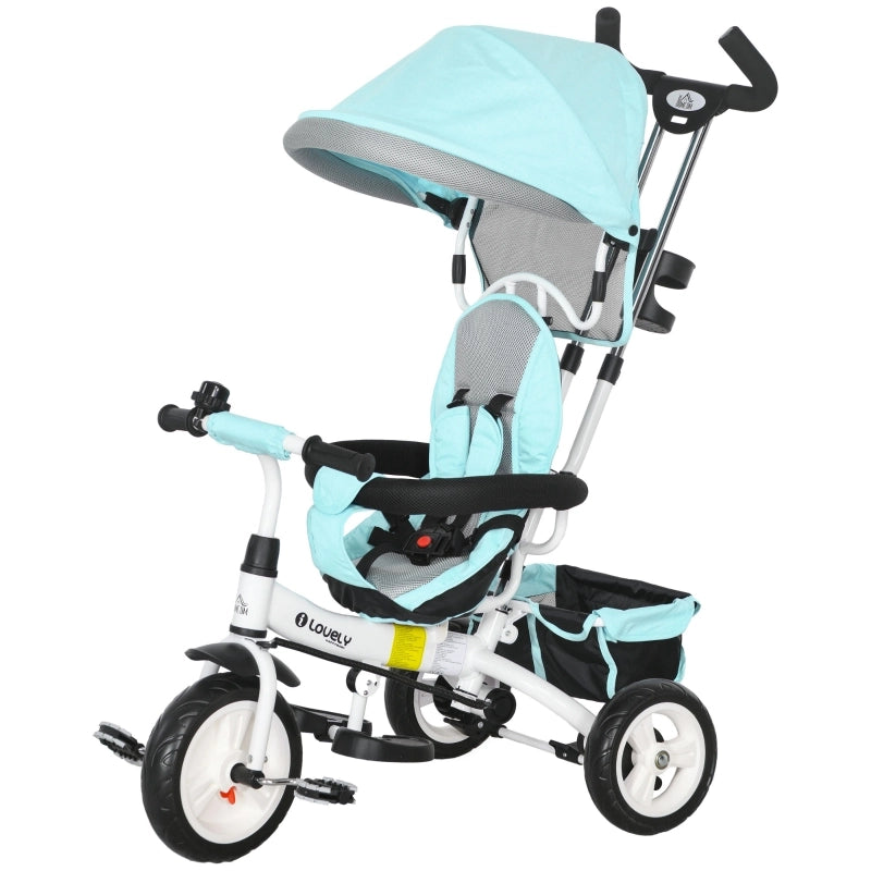 Triciclo 6-in-1 Verde per Bambini 1-5 Anni, con Maniglia Spinta, Tetto Parasole Rimovibile, Cintura di Sicurezza a 5 Punti, Cesto e Portabibite