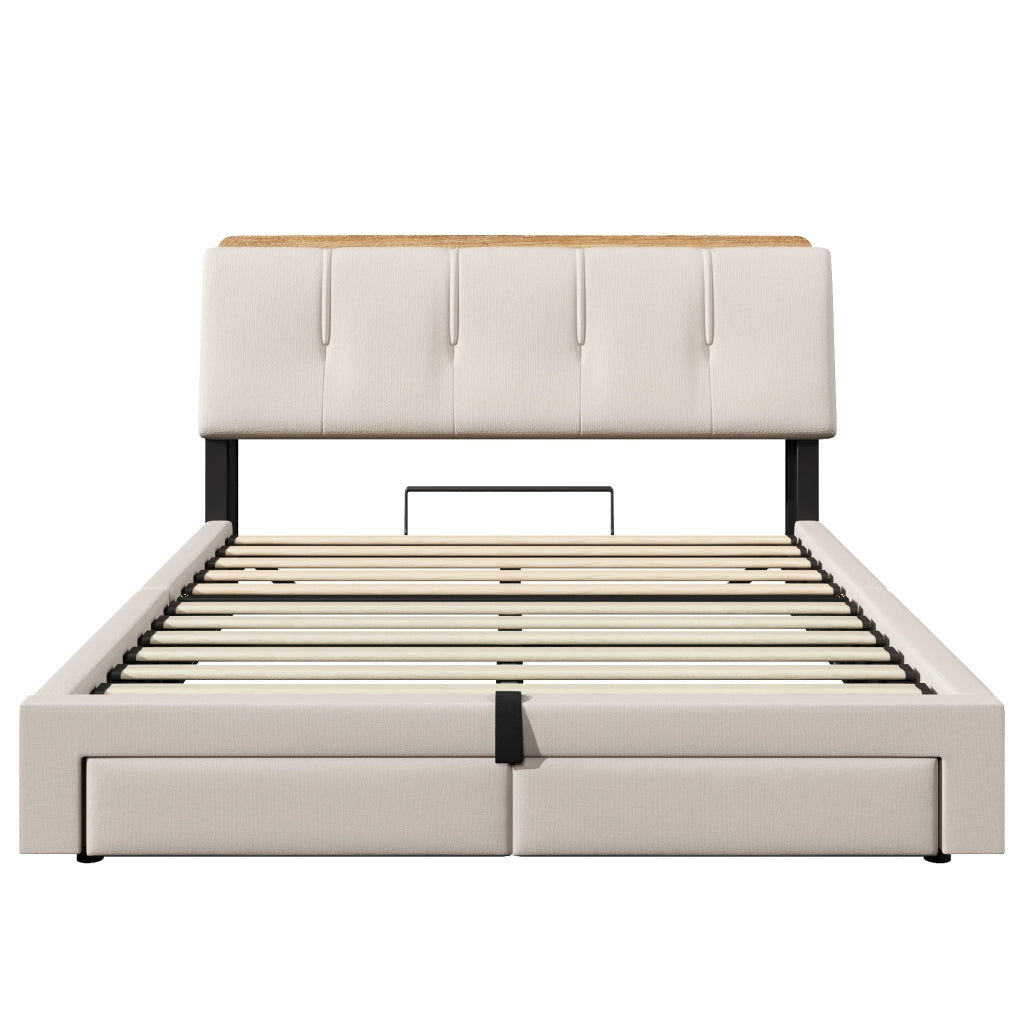 Letti contenitori 140x200 cm; con USB e LED; lino beige (Senza materasso)