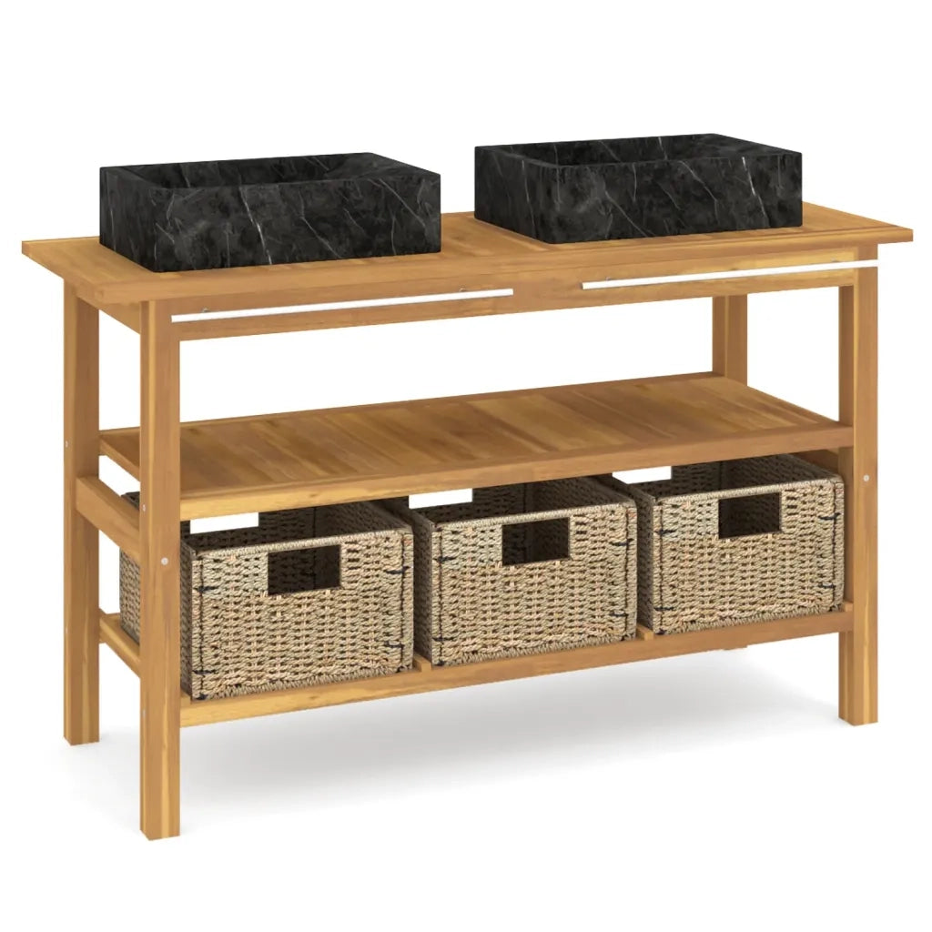 Mobile VanitÃ  Bagno e Lavandini Marmo Nero Legno Massello Teak