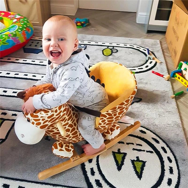 DONDOLO IN LEGNO GIRAFFA PER BAMBINI IN MORBIDO PELUCHE CON SUONI