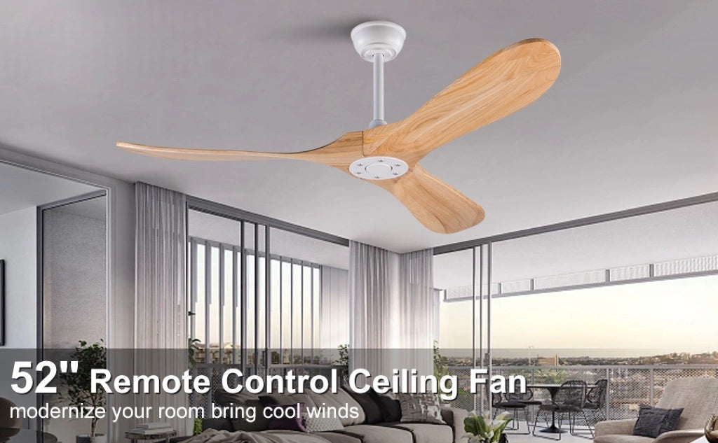 Ventilatore da soffitto 52 pollici, 3 pale legno, design ad elica, funzione memoria, telecomando, finitura noce, per terrazze e soggiorni
