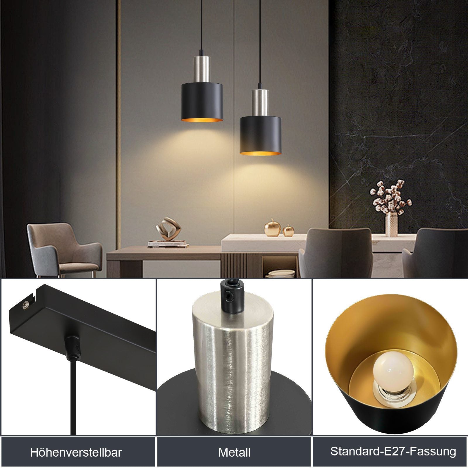 Lampada a sospensione ZMH da tavolo da pranzo E27 lampada a sospensione vintage 2 lampadine oro nero