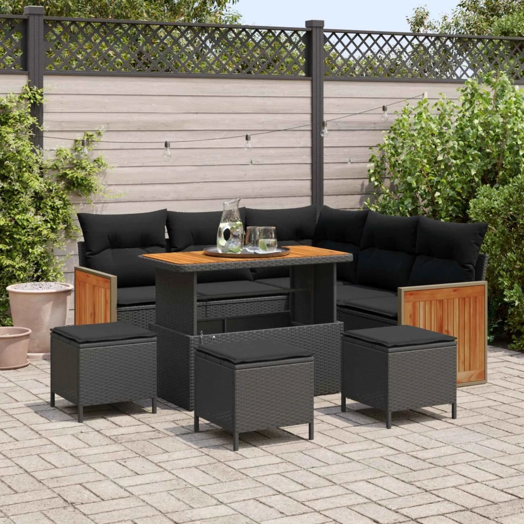 Set Divano da Giardino con cuscino 9 pcs Nero polyrattan