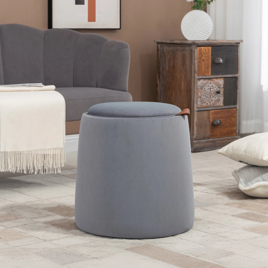 Pouf rotondo 2 in 1 con contenitore e coperchio reversibile, effetto velluto grigio, Ø44 x 47,5 cm