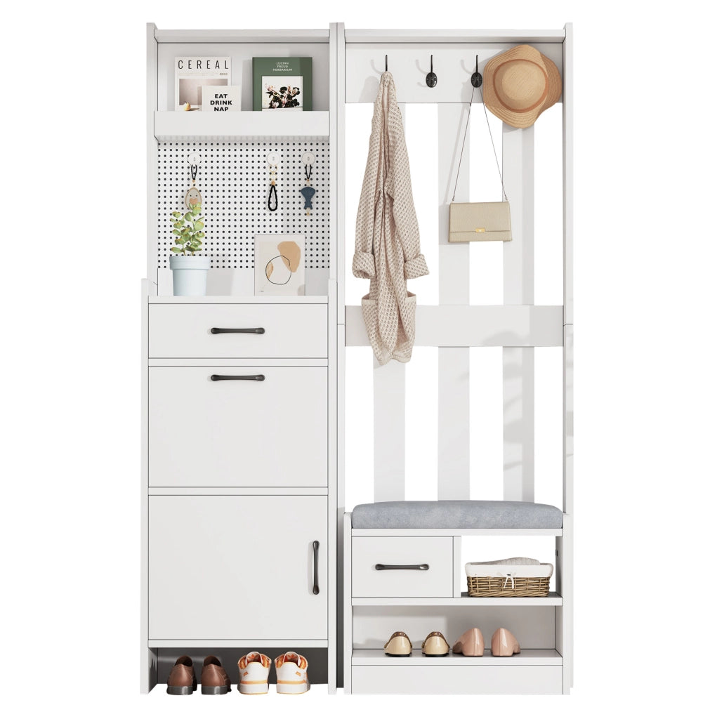 Garderoba da ingresso 7 in 1 110x35x175;5 cm con scarpiera; 2 cassetti e 4 ganci; bianco