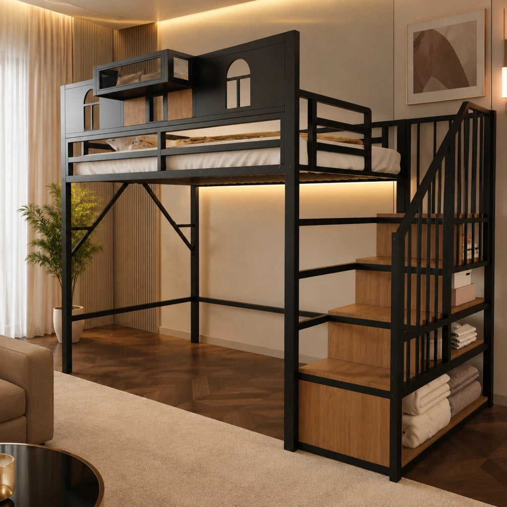Letto a soppalco in metallo 90 x 200 cm con scala contenitore; ripiani e barra luminosa nero