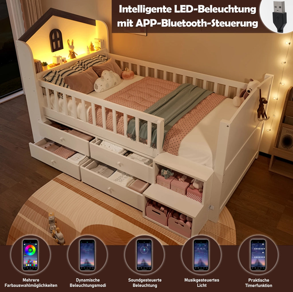 Letto a soppalco 90x200 cm con LED e spazio portaoggetti in legno bianco