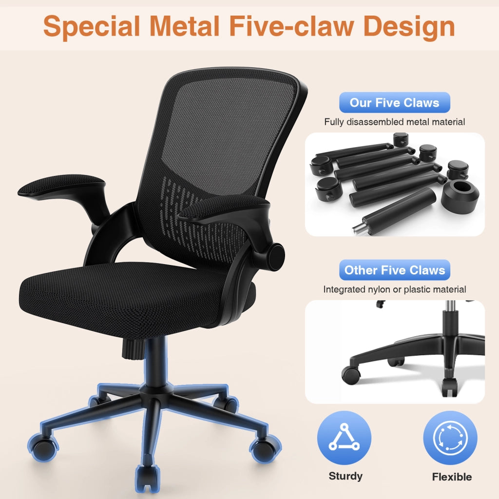 Sedia da ufficio con braccioli -  Sedia da ufficio ergonomica - Su ruote - Sedia girevole regolabile in altezza - Nero
