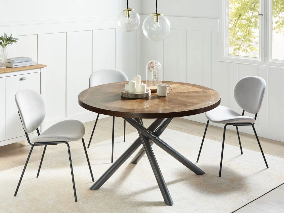 Tavolo da pranzo in legno di frassino marrone grigio MDF gambe in metallo incrociate ⌀ 120 cm rotondo 4-6 persone moderno