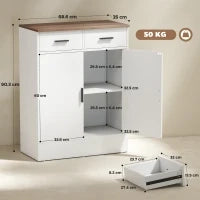 Credenza Moderna 2 Cassetti e Armadietto 2 Ante, Ripiano Interno Regolabile, Bianco e Legno