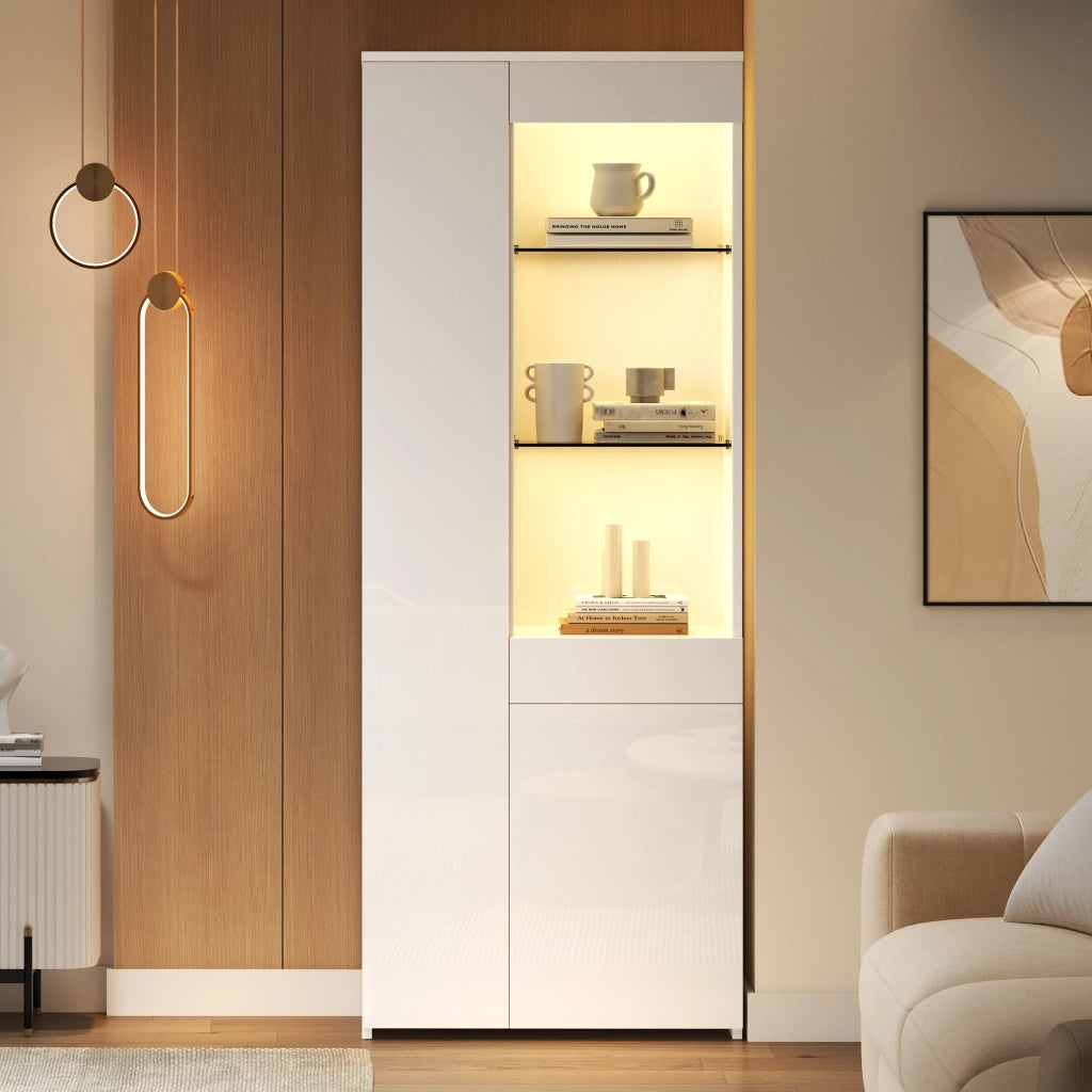 Vetrina con 2 ante, 1 cassetto e vani aperti con LED per soggiorno, in truciolato e vetro, bianco, 70 × 35 × 180 cm