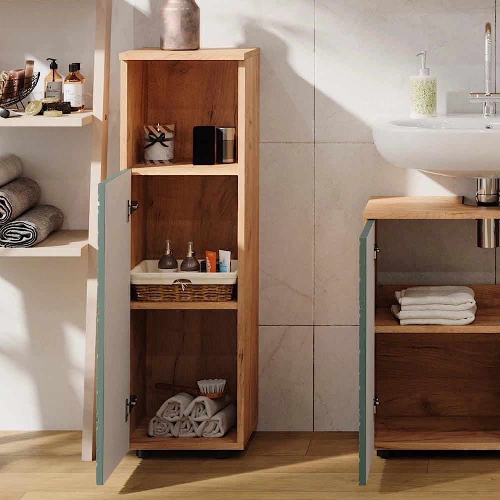 Mobile midi Irma, Quercia verde/oro, 30 x 95 cm, per la conservazione di accessori da bagno e combinabile con Irma