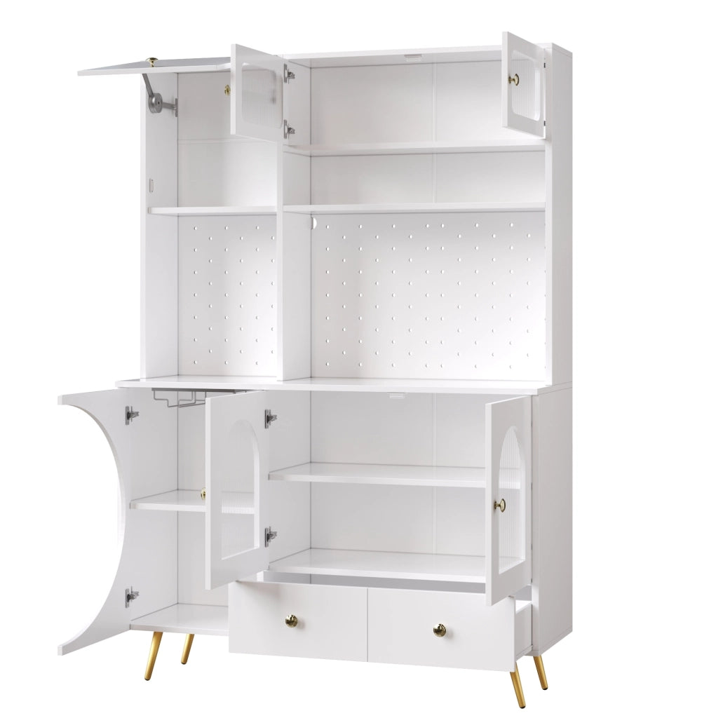 Credenza alta 120x40x176 cm bianca in MDF e vetro, LED e prese USB