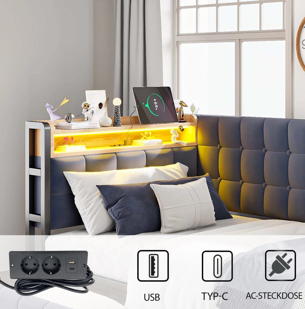 Divano letto imbottito 90x200 cm grigio con LED e cassetti