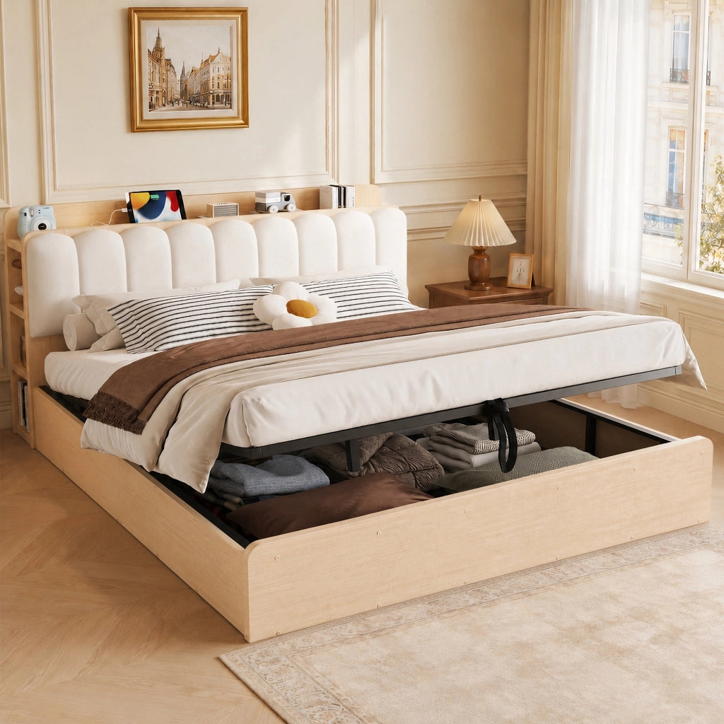 LETTO 180x200 cm in legno con contenitore idraulico, testiera imbottita, colore legno naturale