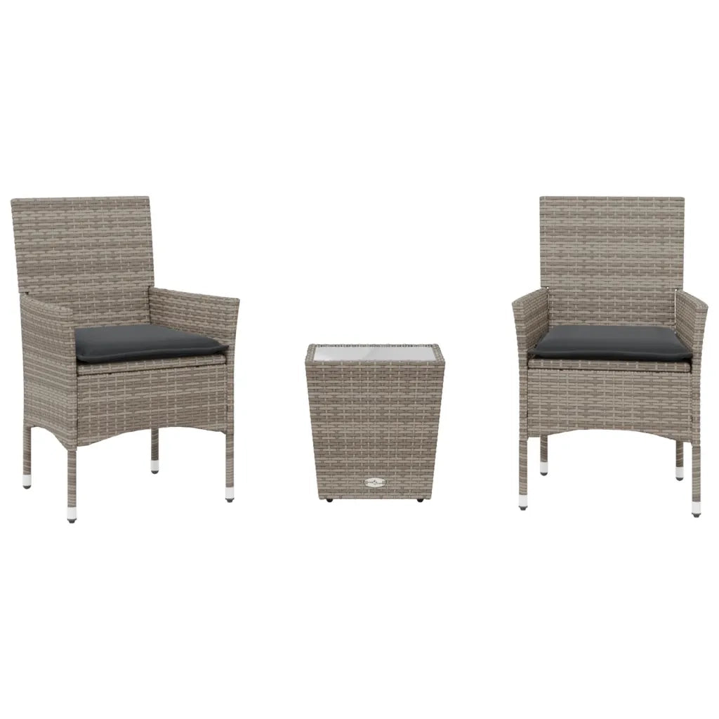 Set da BistrÃ² 3 pz con Cuscini Grigio Polyrattan e Vetro