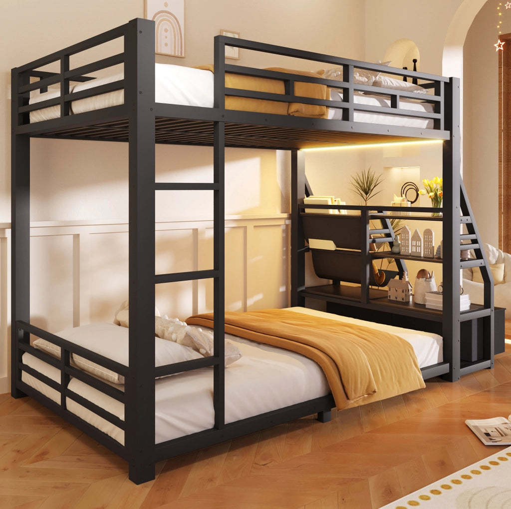 Letto a castello 90x200 cm con LED; legno e metallo nero