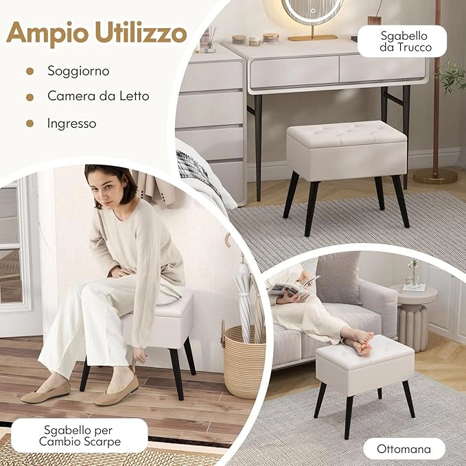 Sgabello da Toeletta con Contenitore, Pouf in Velluto con Gambe in Legno Massello & Seduta Imbottita per Cambio Scarpe, Poggiapiedi Moderno per Camera da Trucco, Ingresso (Beige)