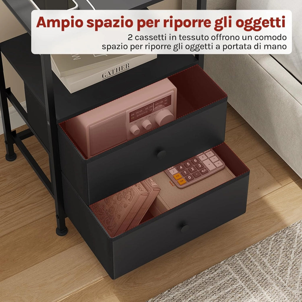 set 2 Comodini con Prese di Corrente, Tavolini con Luce LED, 2 Cassetti in Tessuto e Ripiani Aperti, Comodini Smart Nero, per Soggiorno, Camera da Letto e Ufficio, Metallo + MDF, NTS27sz-2