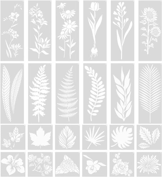24 Stencil per Scheda di Pittura in Plastica - Fiori e Erba - Riciclabile - per Libri di Attività di Pittura da Appendere