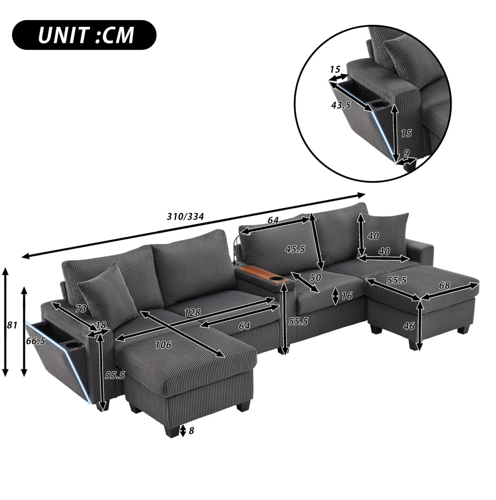 Divano a U in ciniglia grigia con 2 pouf, luce da lettura, vano portaoggetti e prese USB/Type-C