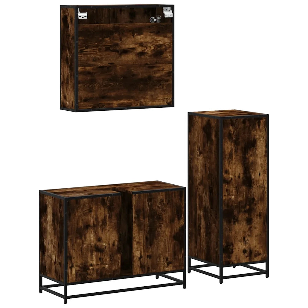 Set Mobili da Bagno 3 pz Rovere Fumo in Legno Multistrato